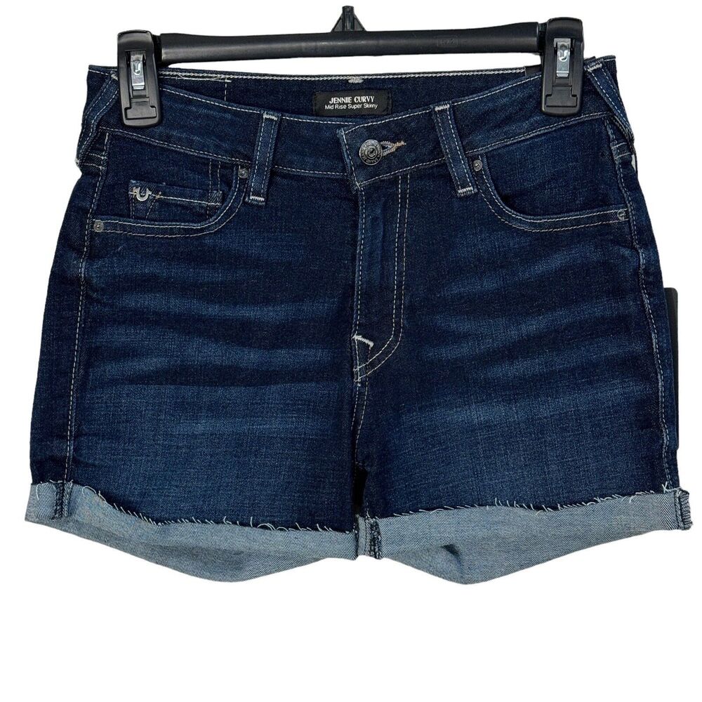 True Religion SZ 26 Jennie Curvy Jean Shorts Mid-Rise Cuffed Stretch Dark Wash